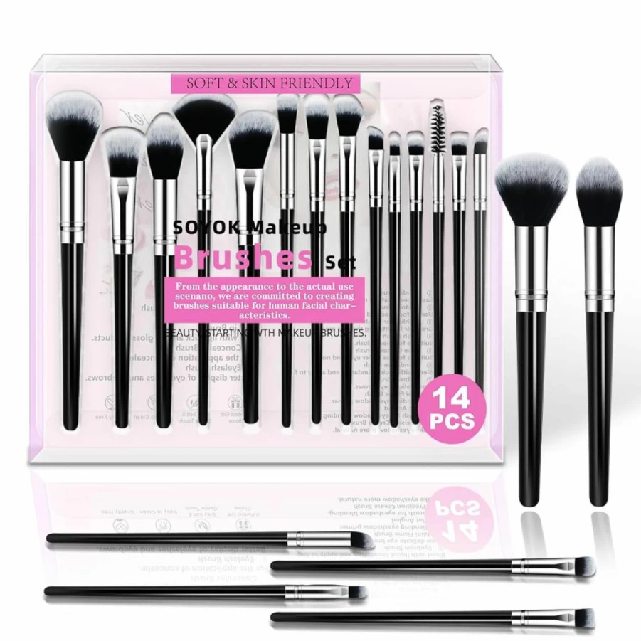 SOYOK 14-Piece Premium Synthetic Makeup Brush Set - Foundation, Concealer, Blush & Eyeshadow Brushes for Professional & Travel Makeup (Black)
