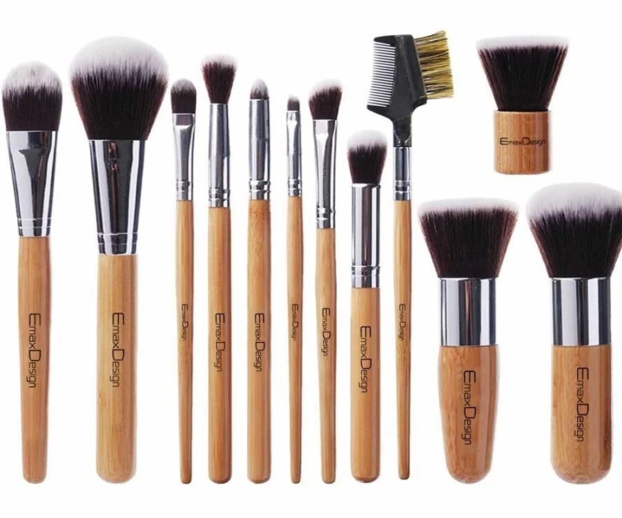 EmaxDesign 12 Piece Professional Makeup Brush Set - Bamboo Handle, Synthetic Kabuki Brushes for Foundation, Blush, Concealer & Eyes with Travel Pouch