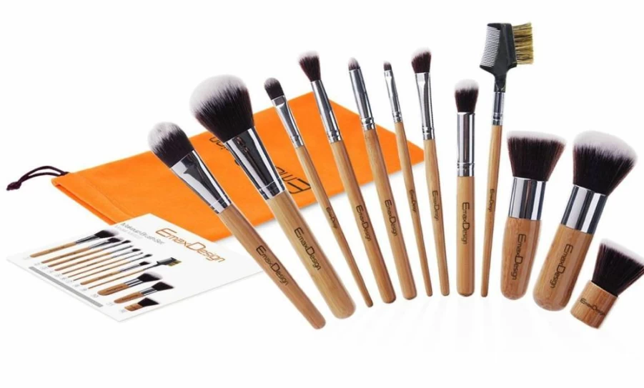 EmaxDesign 12 Piece Professional Makeup Brush Set - Bamboo Handle, Synthetic Kabuki Brushes for Foundation, Blush, Concealer & Eyes with Travel Pouch