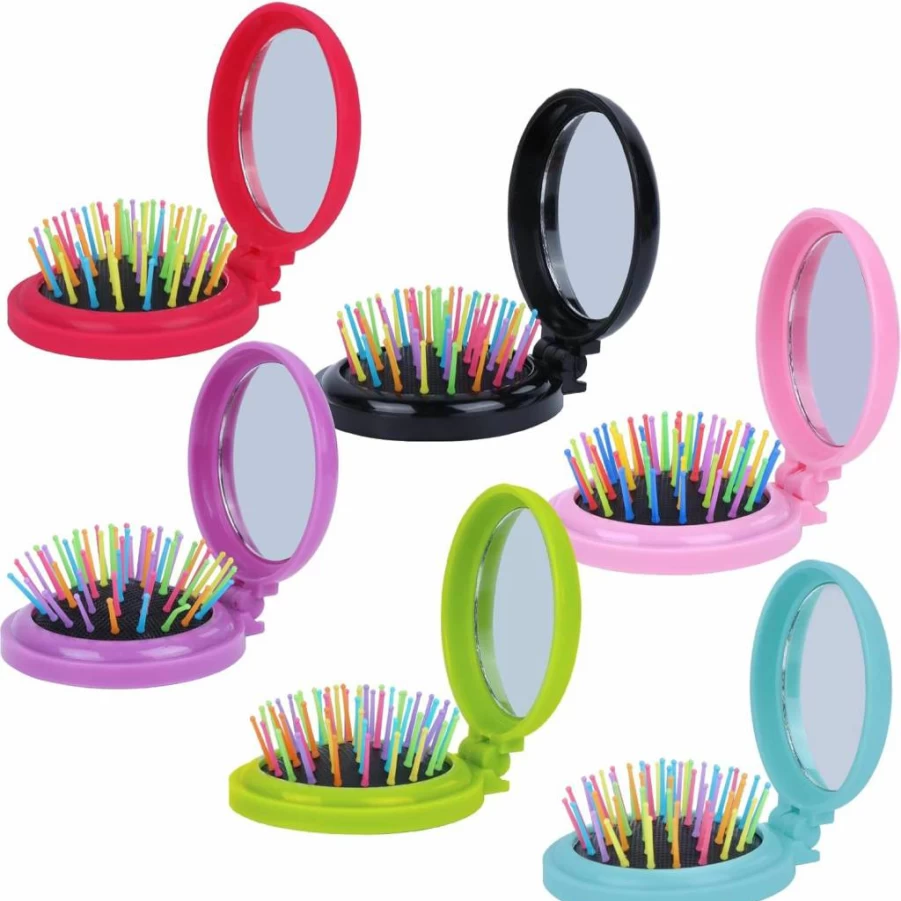 Happy Trees 6-Piece Round Travel Hair Brush Set with Mirror - Folding Pocket Hairbrush & Mini Comb, Portable Makeup Mirror for On-the-Go (Dark Colors)