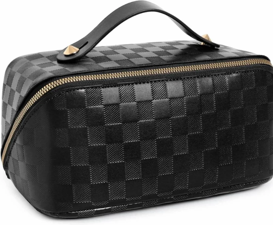 BIVIZKU Large Capacity Checkered Makeup Bag for Women - Travel Cosmetic Organizer with Divider, Open-Flat Toiletry Pouch, Portable Zipper Bag (White Checkered)
