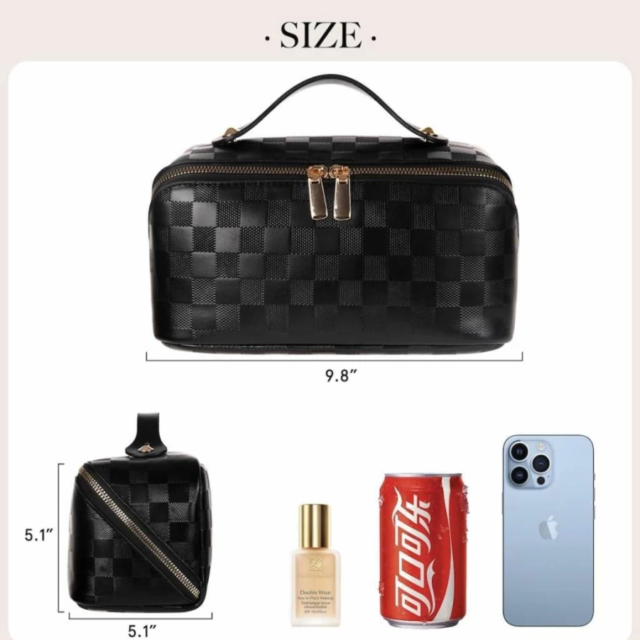 BIVIZKU Large Capacity Checkered Makeup Bag for Women - Travel Cosmetic Organizer with Divider, Open-Flat Toiletry Pouch, Portable Zipper Bag (White Checkered)