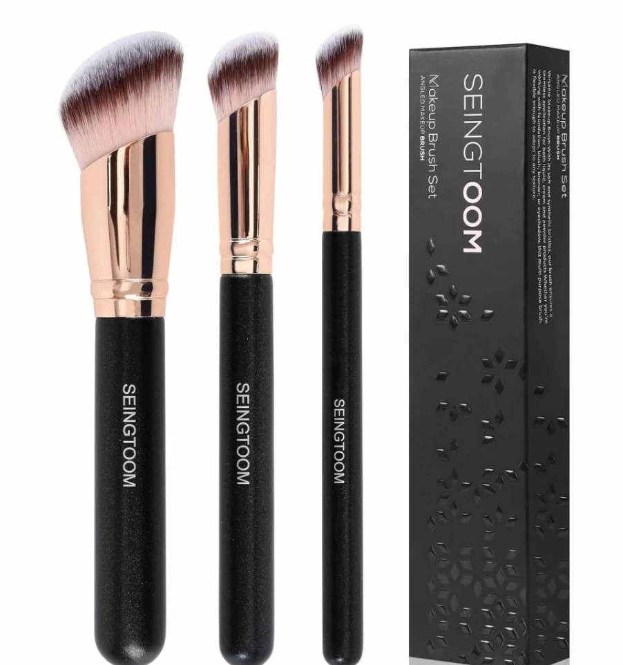 SEINGTOOM 3Pcs Angled Foundation Brush Set - Synthetic Kabuki Makeup Brushes for Contour, Blush, Bronzer, Liquid & Powder Blending, Travel-Friendly Face Buffing & Stippling