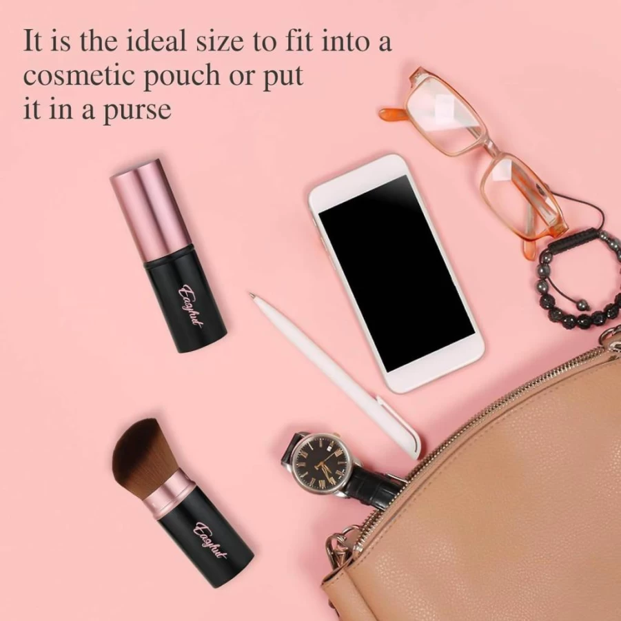 Easyhut Retractable Kabuki Makeup Brush Set - 2 Pack Rose Gold Travel Brushes for Powder, Blush, Liquid & Cream Cosmetics