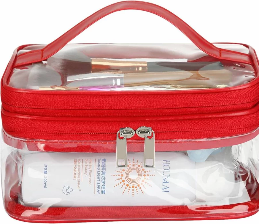 HAOGUAGUA Pink Double Layer Clear PVC Makeup Bag, Waterproof Travel Toiletry Organizer for Cosmetics, Hair & Nail Accessories, Beach Essentials