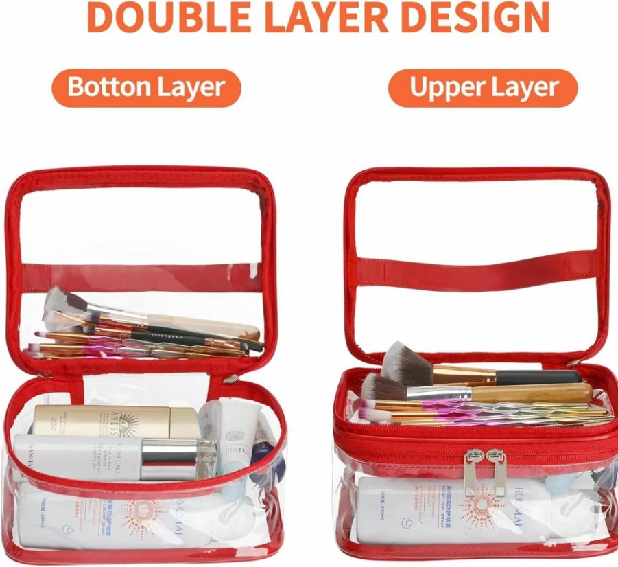 HAOGUAGUA Pink Double Layer Clear PVC Makeup Bag, Waterproof Travel Toiletry Organizer for Cosmetics, Hair & Nail Accessories, Beach Essentials