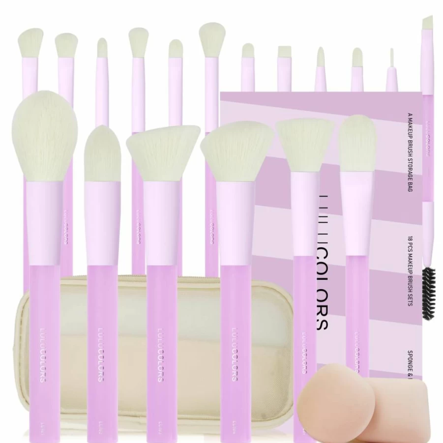 LULUCOLORS 18-Piece Makeup Brush Set with Storage Bag - Soft Arthritis-Friendly Handles, Non-Shedding Bristles, Eyeshadow Brushes & Sponges for Beginners & Travel