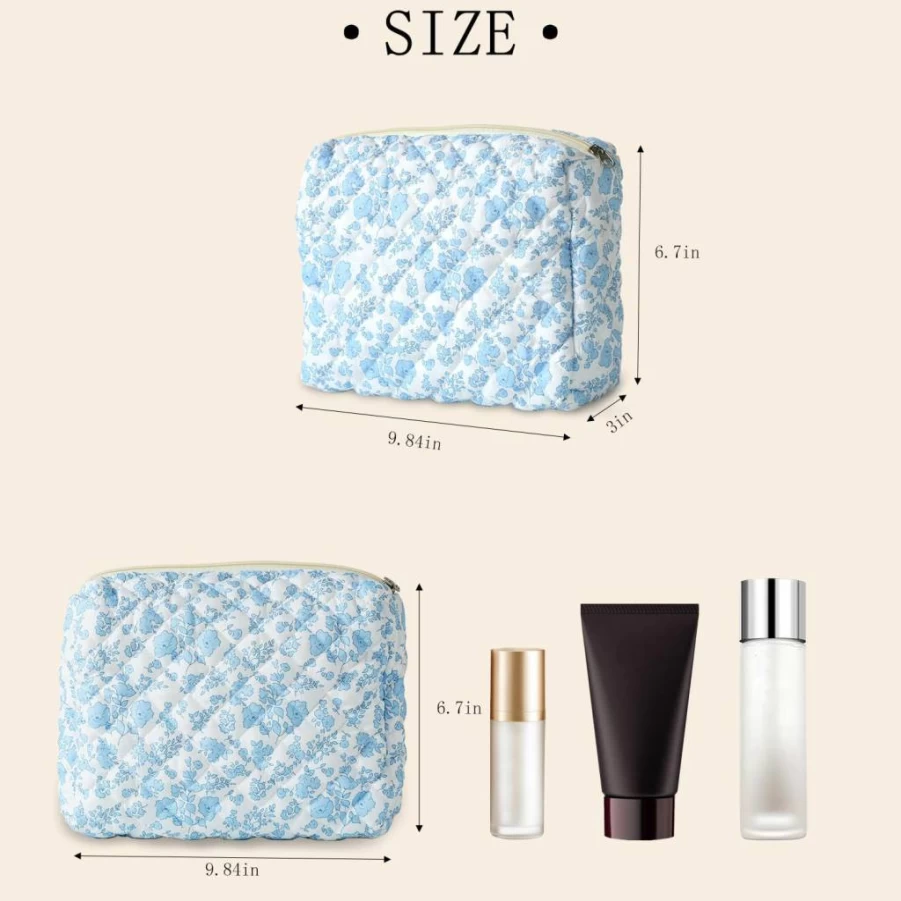 Keppesring 2Pcs Light Blue Checkered Makeup Bag Set for Women - Travel Cosmetic Pouch, Cute Toiletry Bag with Zipper, Aesthetic Purse Organizer for Brushes & Girls Car Essentials