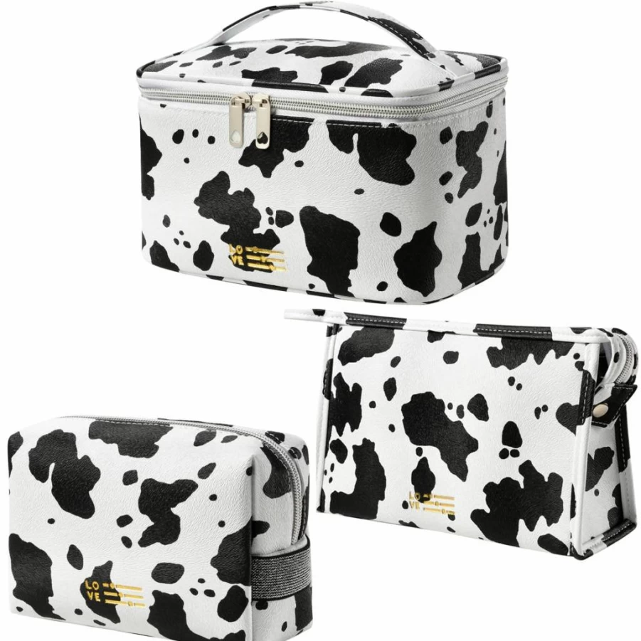 MIRASON Women's Makeup Bag Set of 3 - Waterproof PU Leather Travel Toiletry Organizer with Zipper, Cute Cow Print Cosmetic Pouch for Purse (Washable)