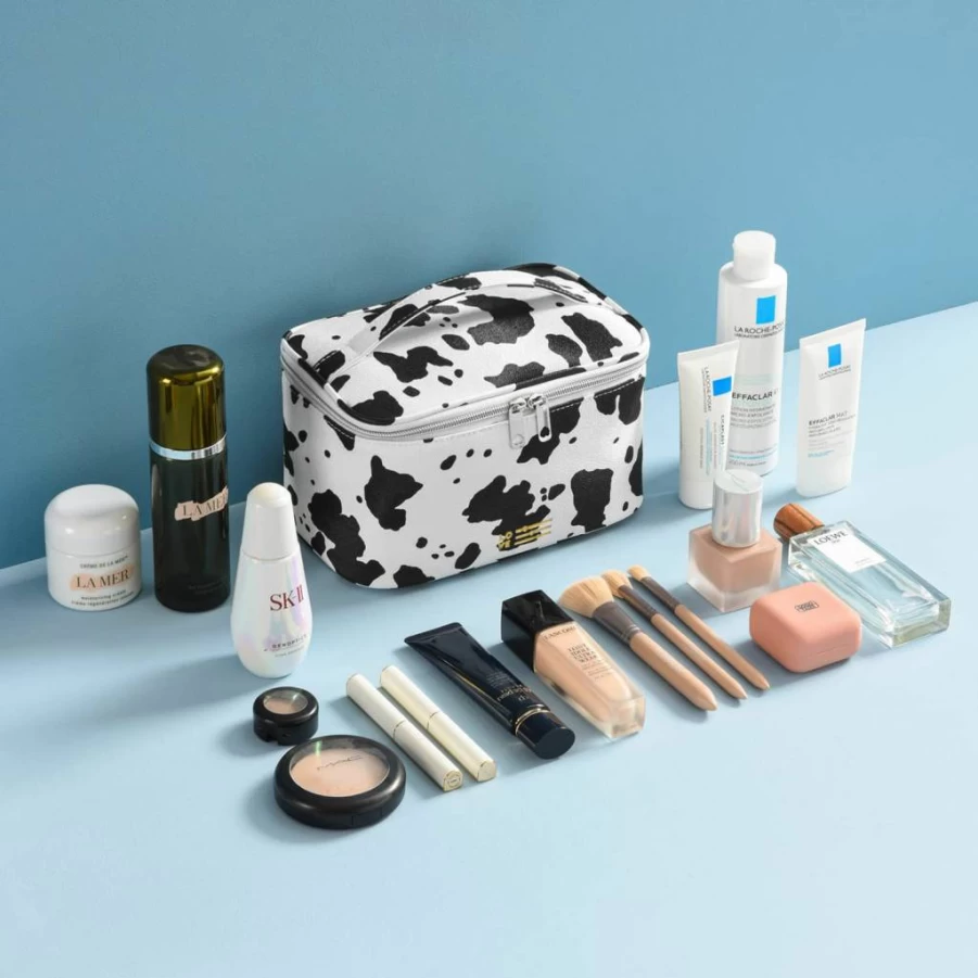 MIRASON Women's Makeup Bag Set of 3 - Waterproof PU Leather Travel Toiletry Organizer with Zipper, Cute Cow Print Cosmetic Pouch for Purse (Washable)