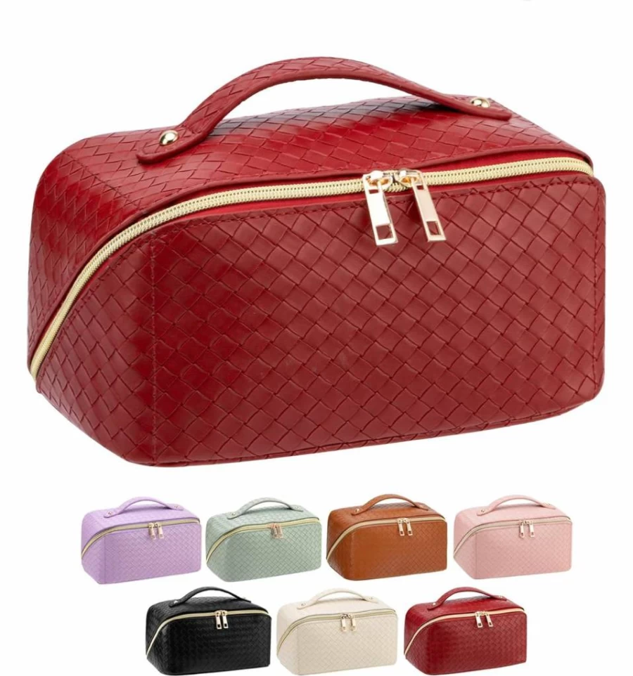 VERNASSA Large Waterproof Makeup Bag for Women - Foldable Travel Cosmetic Organizer with Multiple Compartments, Pink Toiletry Bag for Beauty Essentials