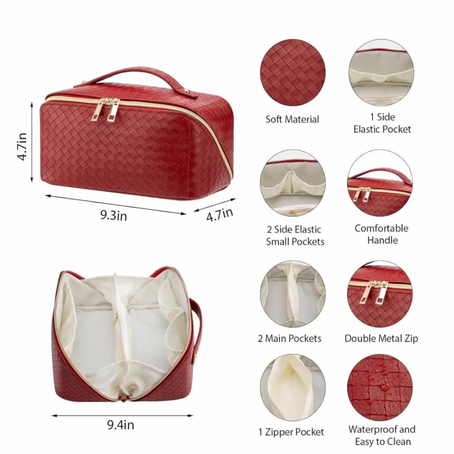 VERNASSA Large Waterproof Makeup Bag for Women - Foldable Travel Cosmetic Organizer with Multiple Compartments, Pink Toiletry Bag for Beauty Essentials