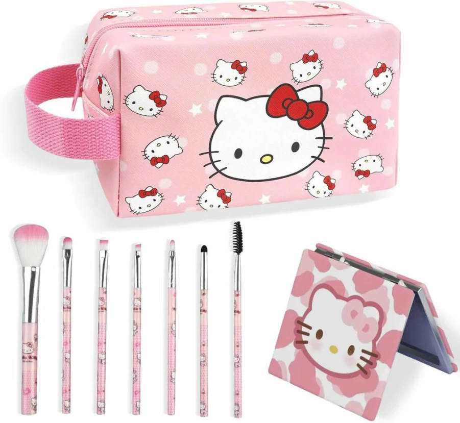 Piurlzw Cute Pink PU Leather Makeup Bag Set with 7 Brushes & Compact Mirror - Travel Cosmetic Organizer Gift for Women & Girls
