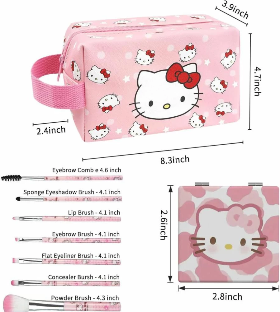 Piurlzw Cute Pink PU Leather Makeup Bag Set with 7 Brushes & Compact Mirror - Travel Cosmetic Organizer Gift for Women & Girls