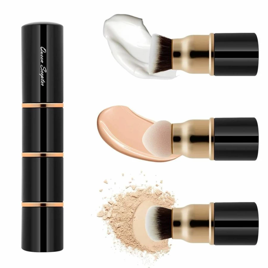 Queen Scepter 3-in-1 Professional Makeup Brush Set - Kabuki Foundation, Blush, Powder Sponge for Liquid, Cream & Travel Cosmetics with Protective Cap