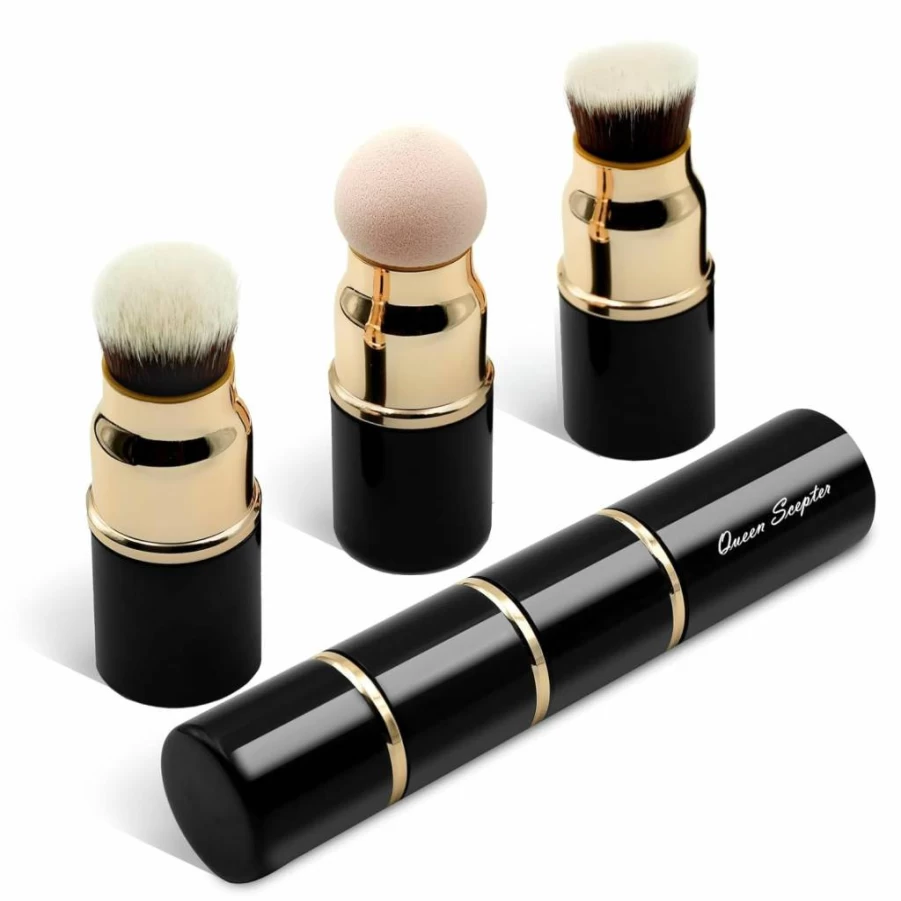 Queen Scepter 3-in-1 Professional Makeup Brush Set - Kabuki Foundation, Blush, Powder Sponge for Liquid, Cream & Travel Cosmetics with Protective Cap