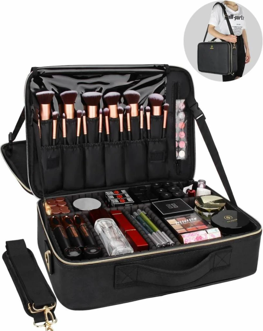 Relavel Professional 16.5 Inch Waterproof Makeup Train Case - 3-Layer Travel Cosmetic Organizer with Adjustable Strap, Large Capacity Brush Holder for Makeup Artists