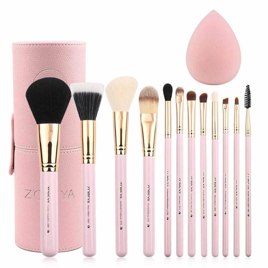 Z'OREYA 12-Piece Professional Travel Makeup Brush Set - Premium Synthetic Hair Foundation, Powder, Contour, Blush & Eye Brushes with Holder - White Cosmetic Brush Kit