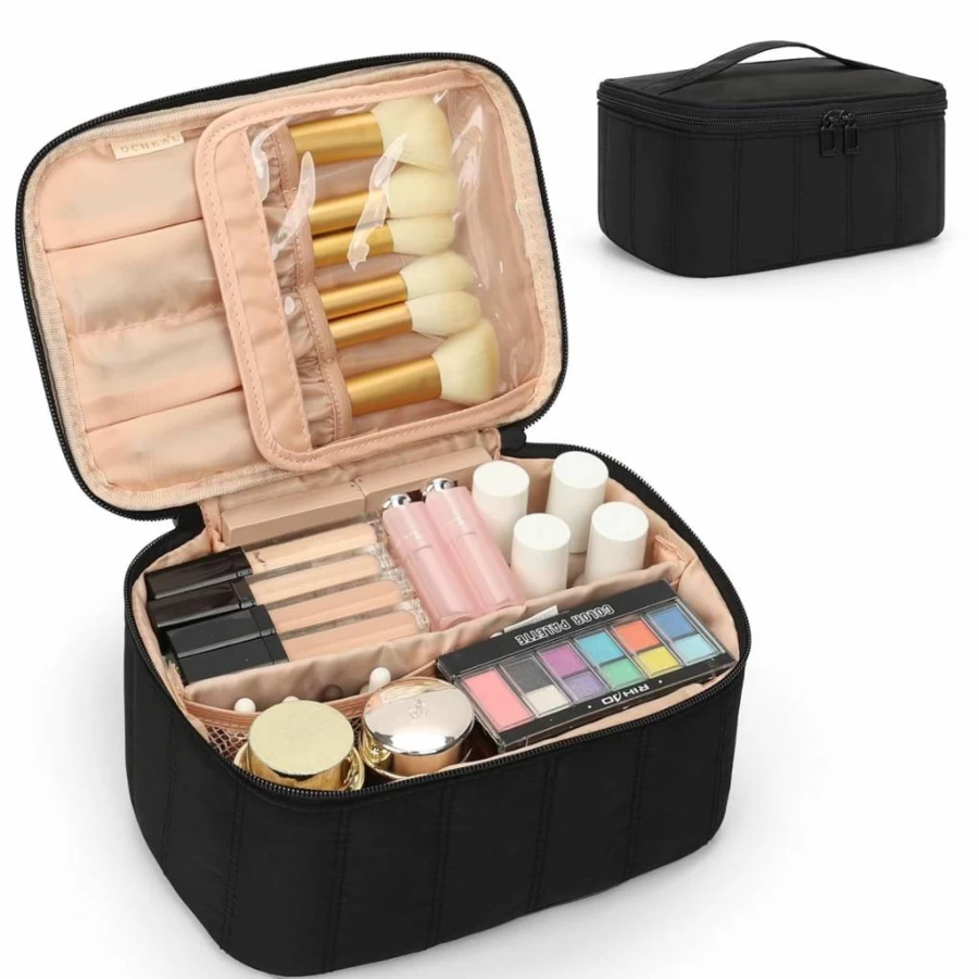 OCHEAL Large Makeup Bag with Handle - Multifunctional Cosmetic Organizer for Women, Zippered Toiletry & Brush Storage Case, Travel Makeup Pouch with Divider, Black