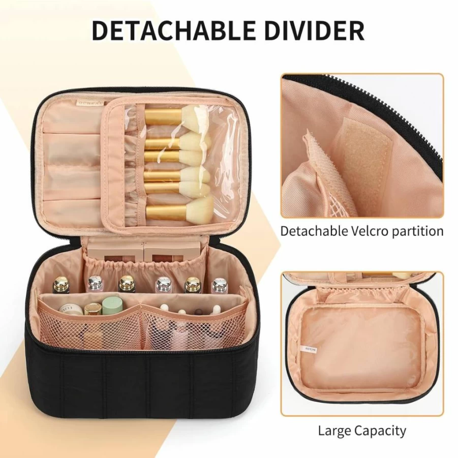 OCHEAL Large Makeup Bag with Handle - Multifunctional Cosmetic Organizer for Women, Zippered Toiletry & Brush Storage Case, Travel Makeup Pouch with Divider, Black