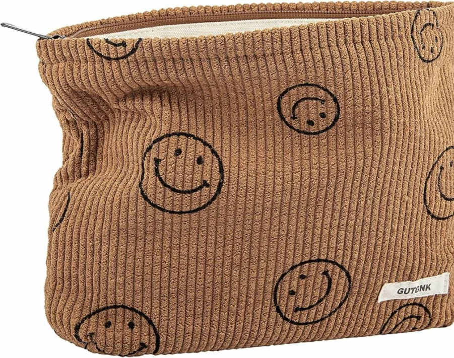 GUTGNK Corduroy Makeup Bag for Women - Aesthetic Smiley Face Cosmetic Organizer with Zipper, Cute Beige Tote Bag & Pencil Case