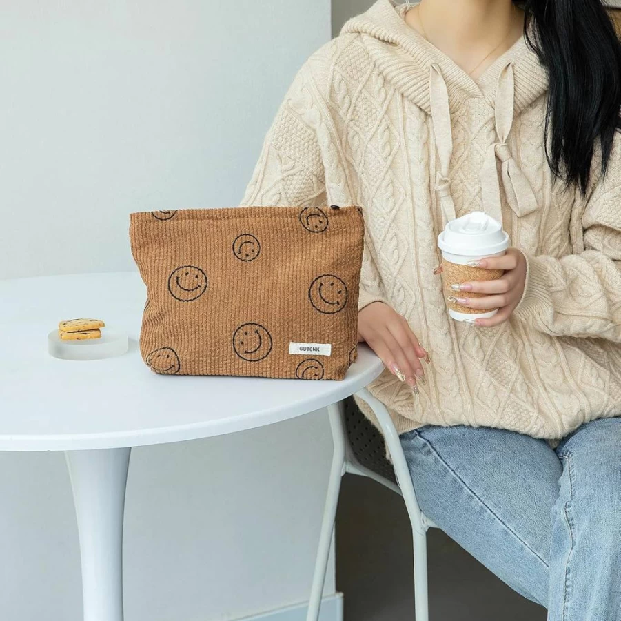 GUTGNK Corduroy Makeup Bag for Women - Aesthetic Smiley Face Cosmetic Organizer with Zipper, Cute Beige Tote Bag & Pencil Case