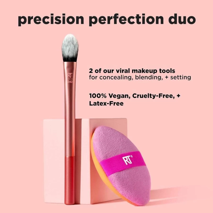Real Techniques Precision Perfection Duo: Kitten Paw Concealer Brush & Dual-Sided Powder Puff for Foundation, Travel Makeup Brush Set, Cruelty-Free 2-Piece