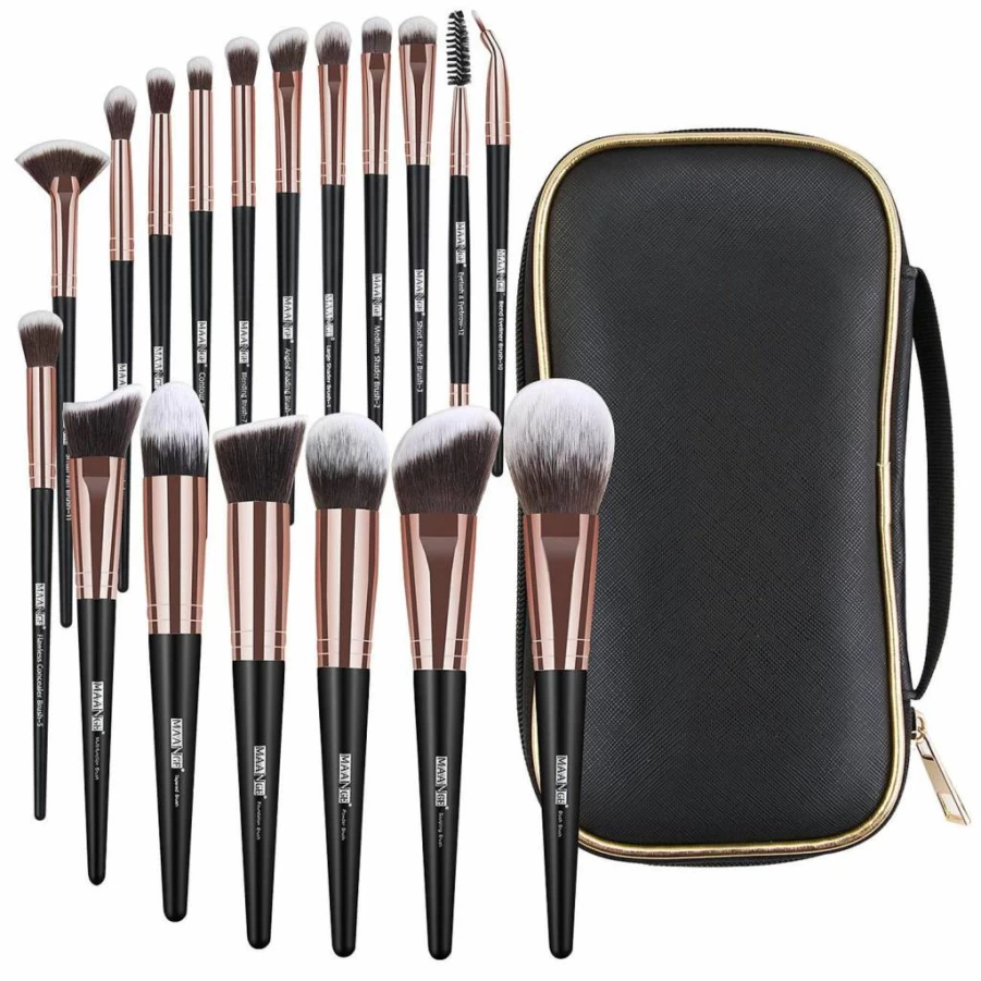 MAANGE 18-Piece Professional Makeup Brush Set - Synthetic Kabuki, Foundation & Eye Brushes with Travel Case (Black Gold)
