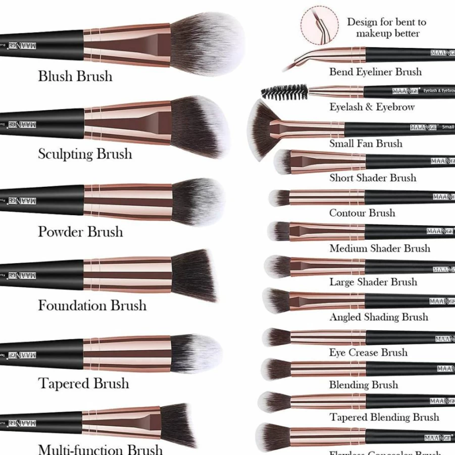 MAANGE 18-Piece Professional Makeup Brush Set - Synthetic Kabuki, Foundation & Eye Brushes with Travel Case (Black Gold)