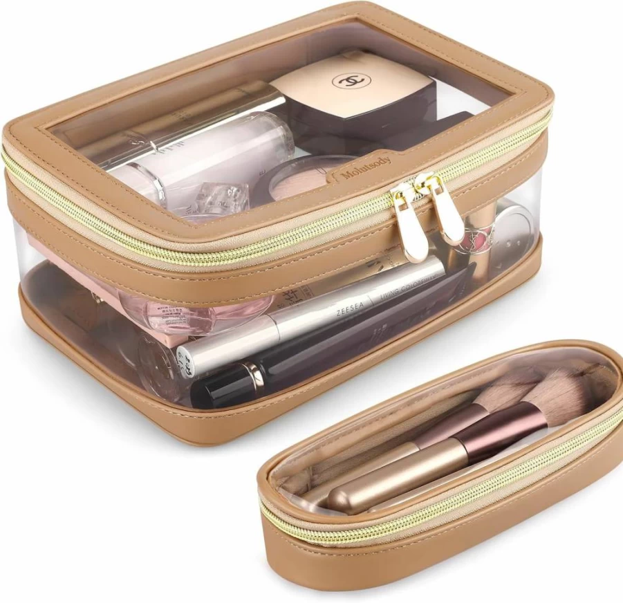 Molutsody Clear Travel Makeup Brush Bag - Waterproof Cosmetic Organizer Pouch for Women, Portable Toiletry Bag with Transparent Design (Black)
