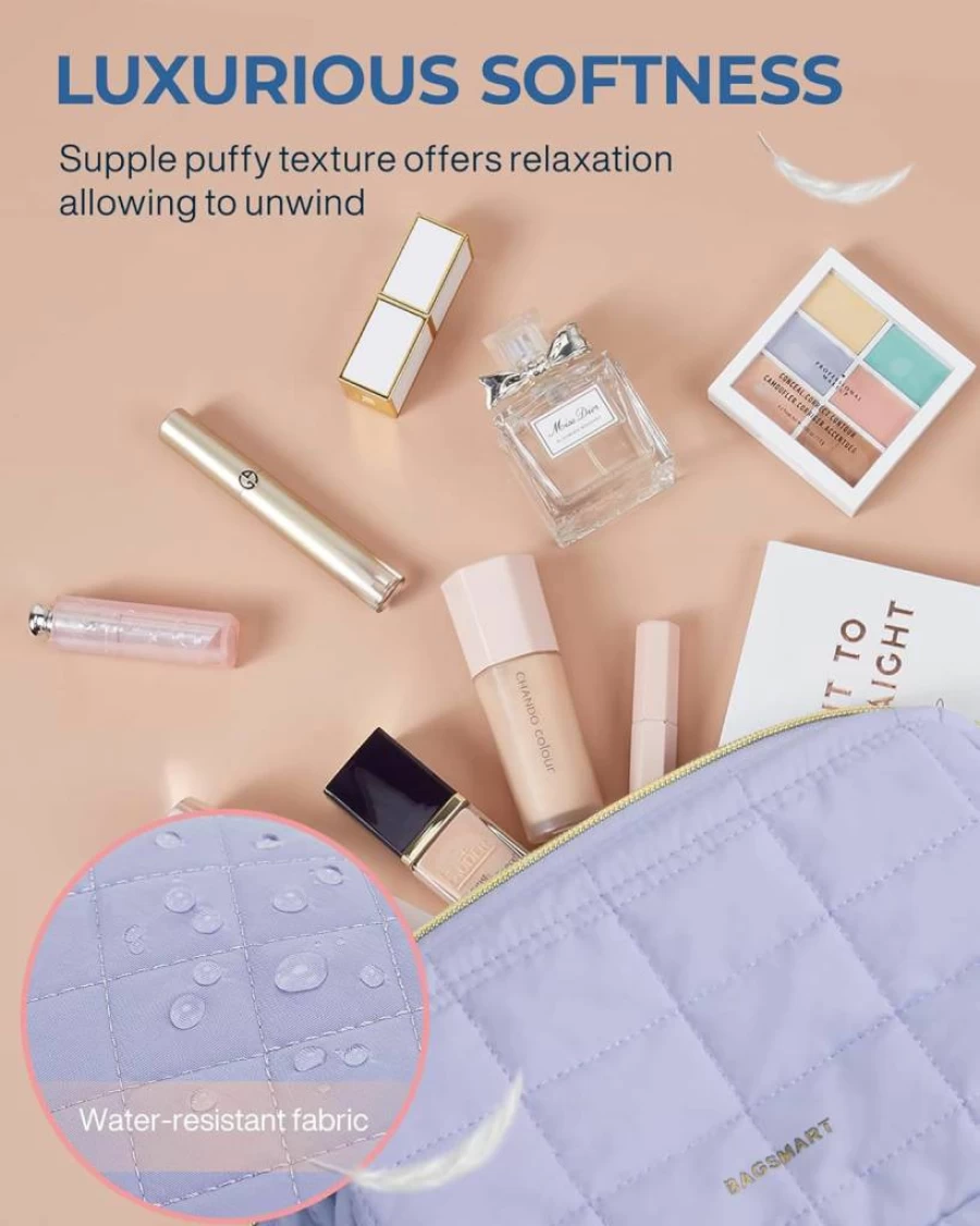 BAGSMART Puffy Padded Makeup Bag for Women - Travel Toiletry Organizer Case with Wide-Open Design, Pink Cosmetic Pouch for Brushes & Essentials