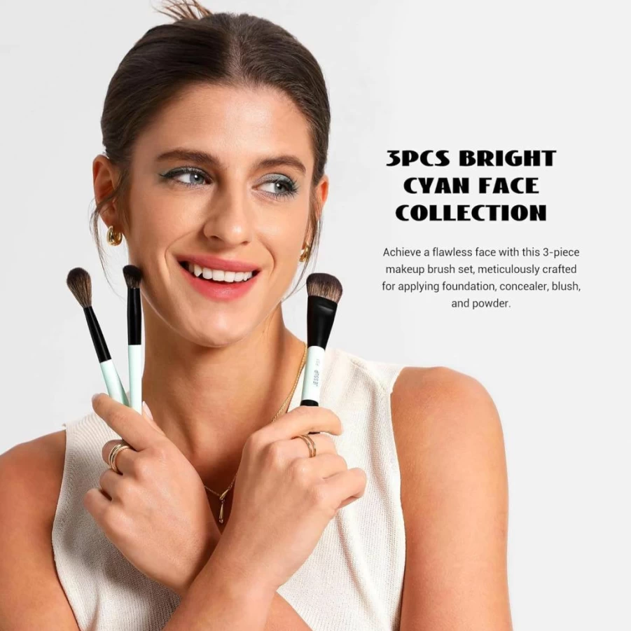 Jessup Premium 3Pcs Double Ended Makeup Brush Set - Synthetic Foundation, Contour, Blush, Highlight & Concealer Brushes (Blue, T503)