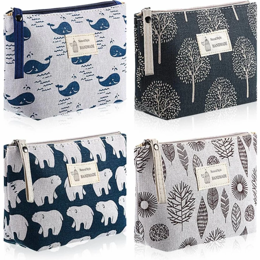 Boao 4-Piece Printed Canvas Cosmetic Bags Set for Women - Waterproof Makeup Travel Pouch with Zipper (Arrow, Plaid, Tree, Leaf Designs) Toiletry Organizer