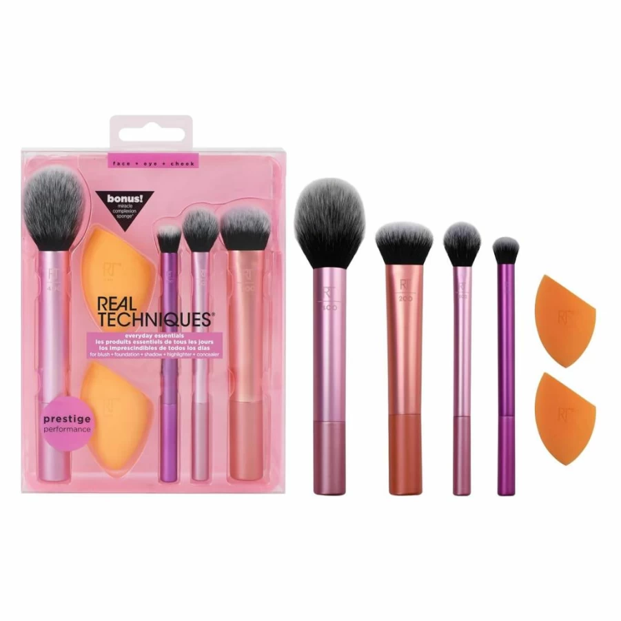 Real Techniques 5-Piece Vegan Makeup Brush Set with Sponge - Foundation, Blush, Bronzer, Eyeshadow & Powder Brushes - Cruelty-Free Travel Gift Kit