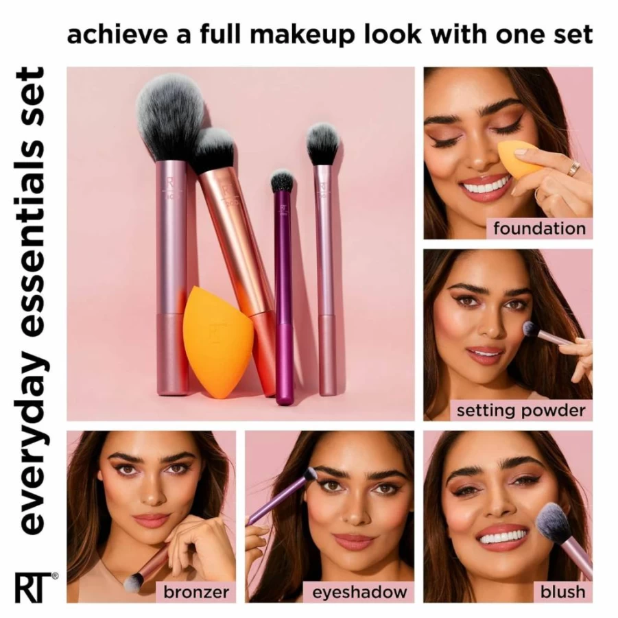 Real Techniques 5-Piece Vegan Makeup Brush Set with Sponge - Foundation, Blush, Bronzer, Eyeshadow & Powder Brushes - Cruelty-Free Travel Gift Kit