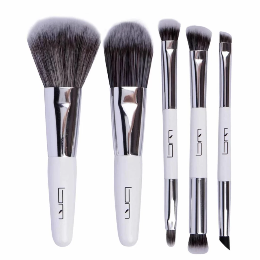 Brush Master 5-Piece Double Ended Travel Makeup Brushes Set with Pouch - Portable Mini Foundation, Eyeshadow, Lip & Blush Cosmetic Kit (Black)