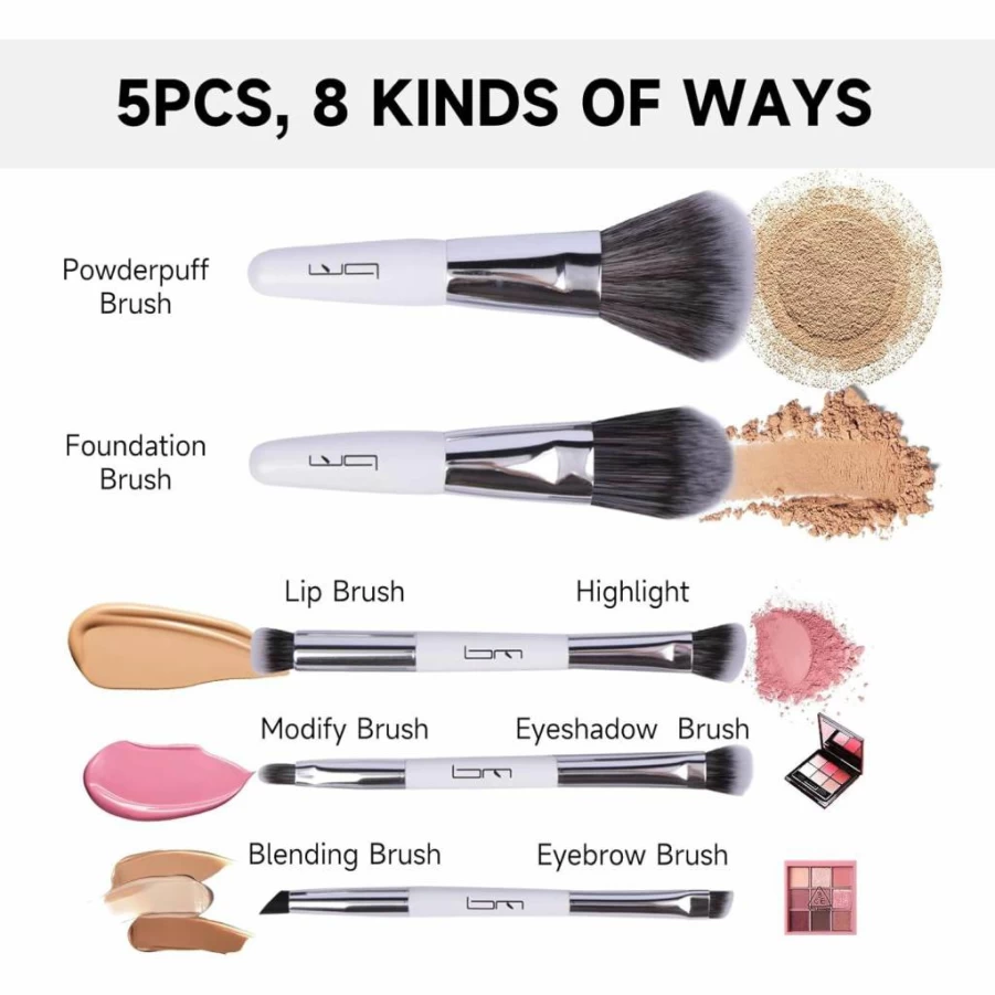 Brush Master 5-Piece Double Ended Travel Makeup Brushes Set with Pouch - Portable Mini Foundation, Eyeshadow, Lip & Blush Cosmetic Kit (Black)