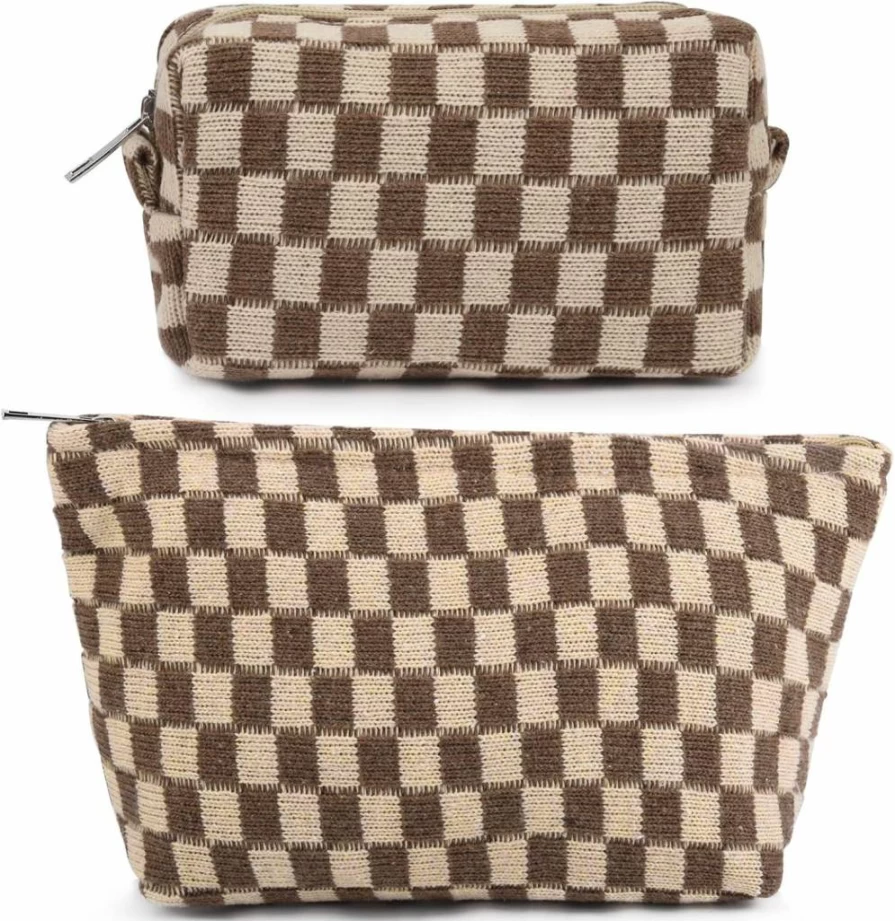 SOIDRAM 2-Piece Checkered Cosmetic Bag Set - Large Rose Red Canvas Makeup & Toiletry Organizer for Women, Travel Aesthetic Accessories with Brush Storage