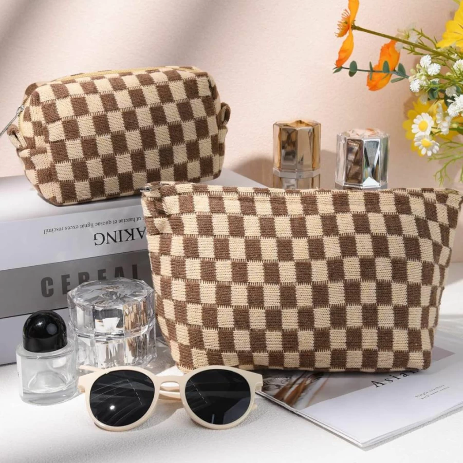 SOIDRAM 2-Piece Checkered Cosmetic Bag Set - Large Rose Red Canvas Makeup & Toiletry Organizer for Women, Travel Aesthetic Accessories with Brush Storage