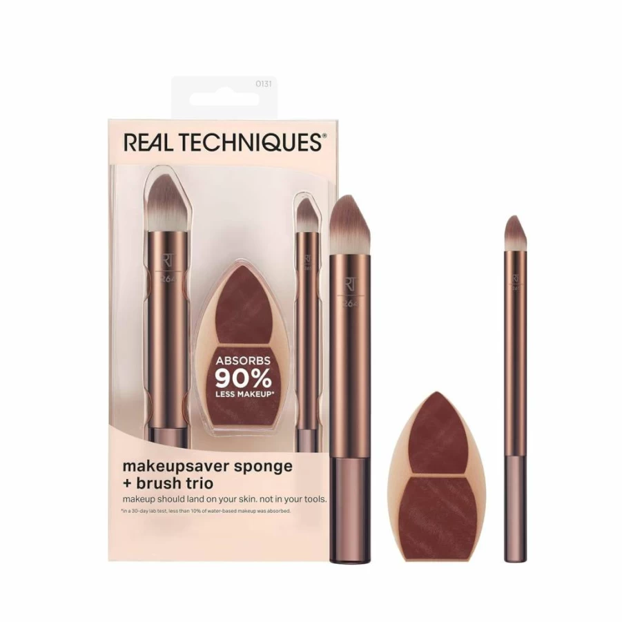 Real Techniques Makeup Sponge & Brush Trio Set - Cruelty-Free Blending Sponge & Brushes for Liquid, Cream Makeup - Natural Finish, Reduces Waste, Latex-Free 3-Piece Kit