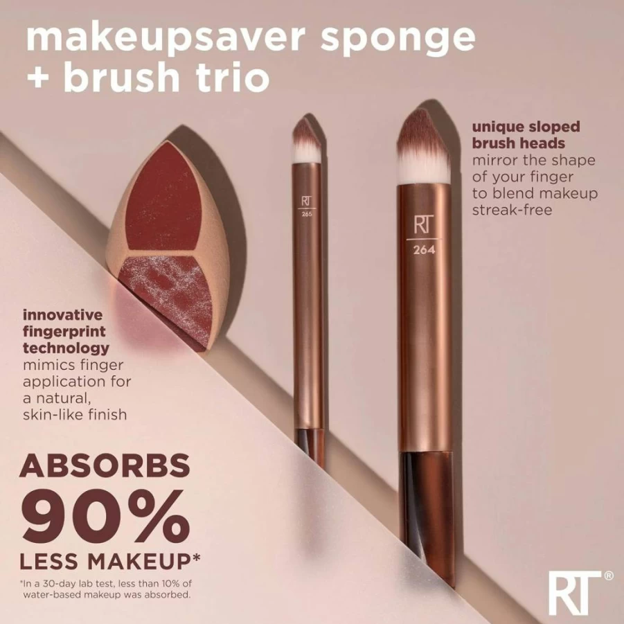 Real Techniques Makeup Sponge & Brush Trio Set - Cruelty-Free Blending Sponge & Brushes for Liquid, Cream Makeup - Natural Finish, Reduces Waste, Latex-Free 3-Piece Kit