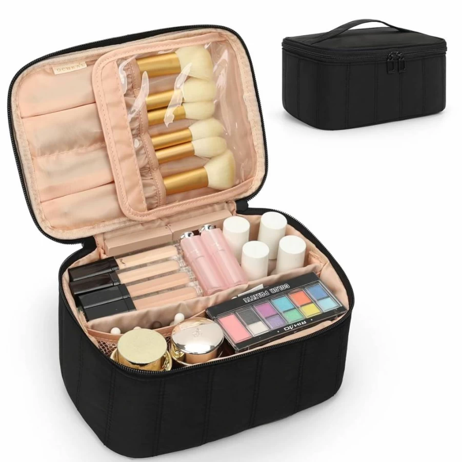 OCHEAL Large Makeup Bag for Women Travel - Portable Cosmetic Organizer with Handle & Divider, Black Toiletry Case for Girls, High Capacity Beauty Storage