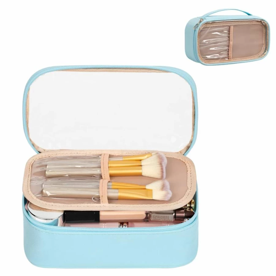 OCHEAL Transparent Makeup Bag with Divider & Brush Holder - Portable Cosmetic Organizer for Women, Travel Toiletry Pouch, Cute Clear Storage Case