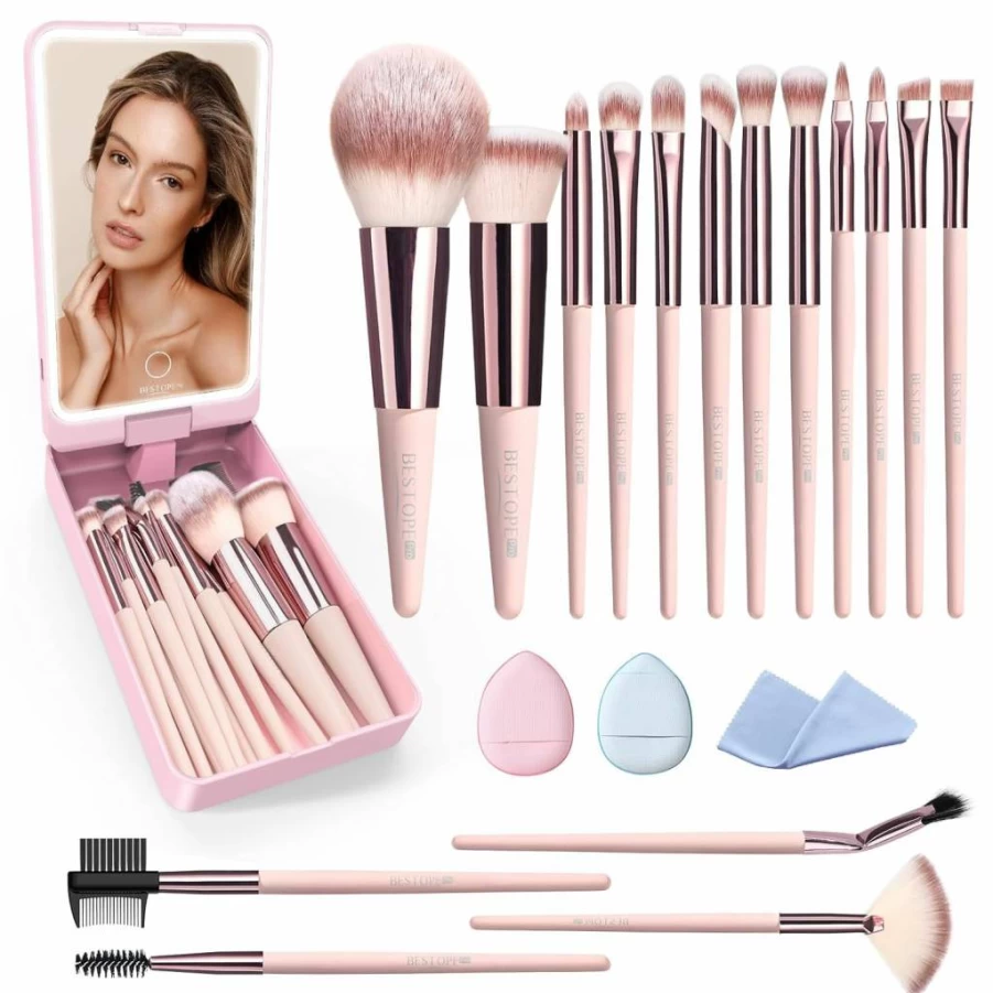 BESTOPE PRO 20Pcs Professional Makeup Brush Set with LED Light Mirror & Travel Case - Foundation, Concealer, Blush, Eyeshadow, Contour Powder Brushes Kit (Pink)
