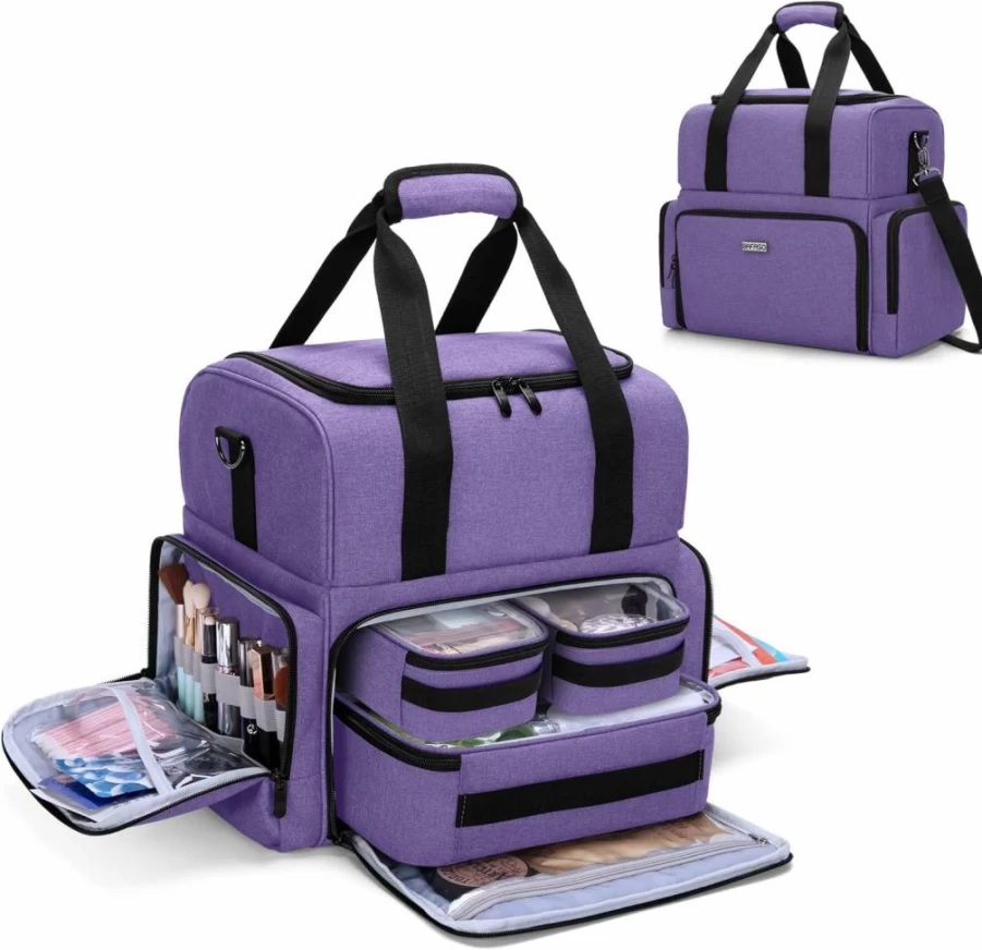 BAFASO Large Travel Makeup Bag with 3 Removable Pouches & Detachable Dividers, Purple Cosmetic Organizer for Hair, Tattoo, Toiletries (Patented Design)
