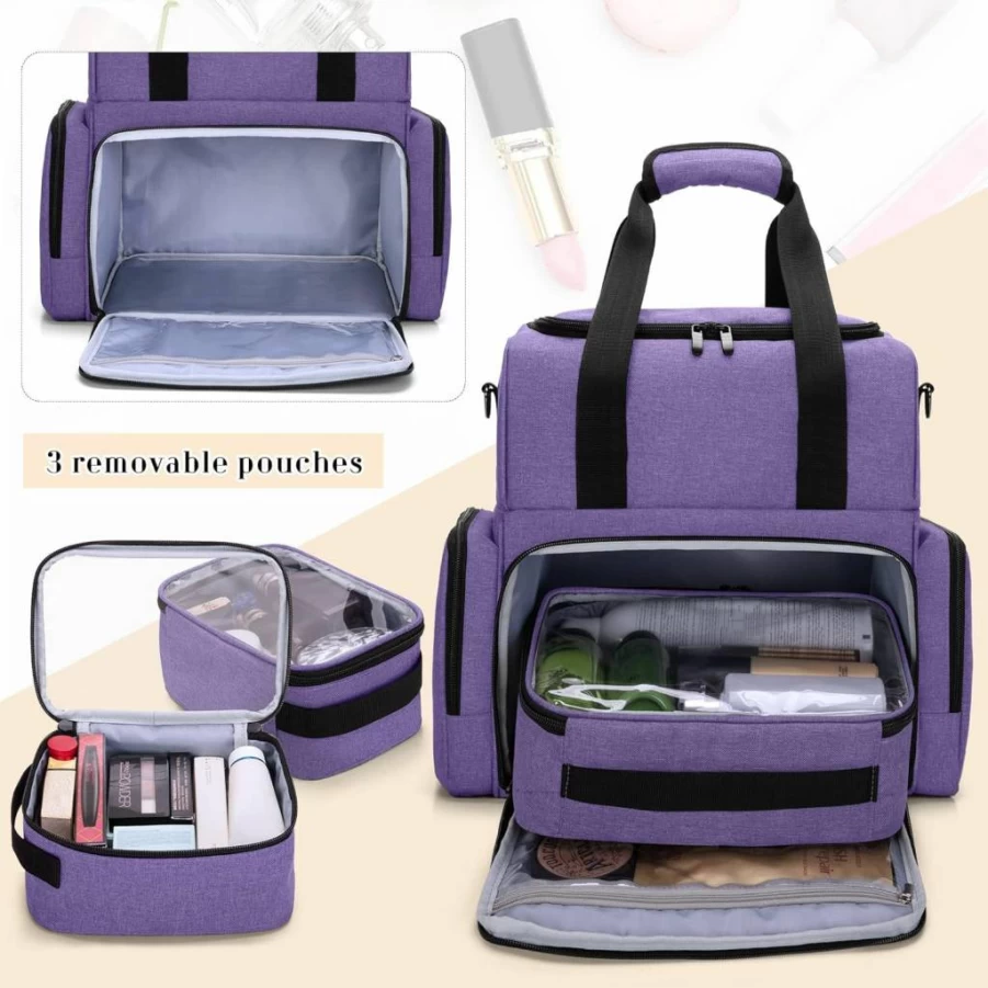 BAFASO Large Travel Makeup Bag with 3 Removable Pouches & Detachable Dividers, Purple Cosmetic Organizer for Hair, Tattoo, Toiletries (Patented Design)