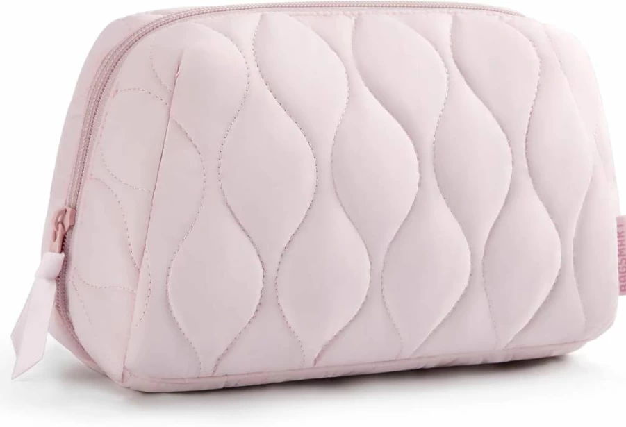 BAGSMART Puffy Padded Makeup Bag for Women - Travel Cosmetic Organizer Case, Wide-Open Toiletry Pouch with Brush Holder, Pink Travel Essentials