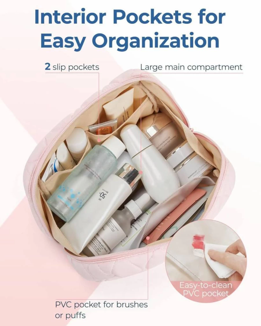 BAGSMART Puffy Padded Makeup Bag for Women - Travel Cosmetic Organizer Case, Wide-Open Toiletry Pouch with Brush Holder, Pink Travel Essentials