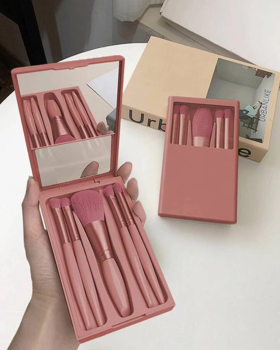 Golbylicc Mini Pink Travel Makeup Brushes Set - 5Pc Portable Cosmetic Brush Kit with Case & Mirror for On-The-Go Makeup Application