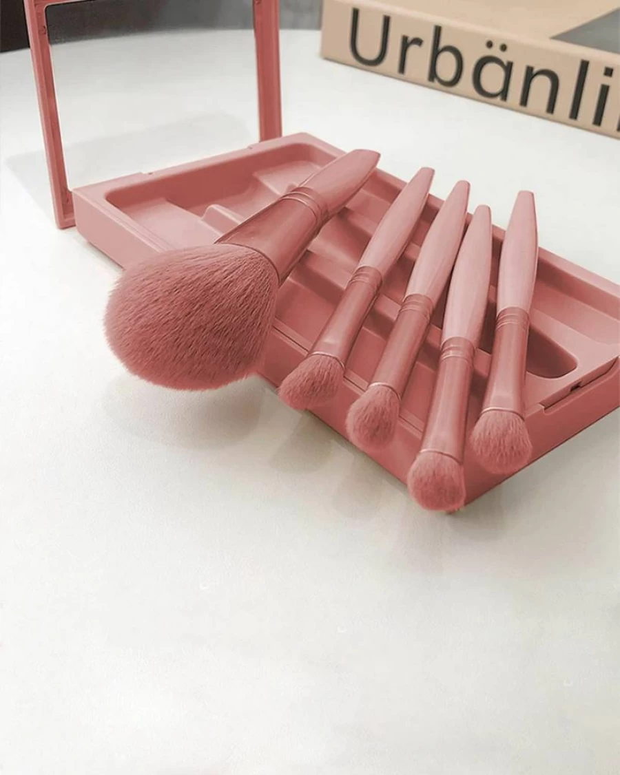 Golbylicc Mini Pink Travel Makeup Brushes Set - 5Pc Portable Cosmetic Brush Kit with Case & Mirror for On-The-Go Makeup Application